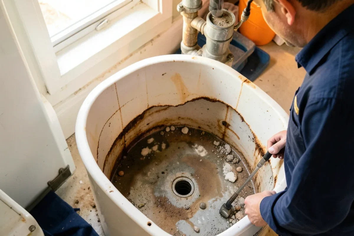 corroded water heater base during water mitigation in Baltimore MD
