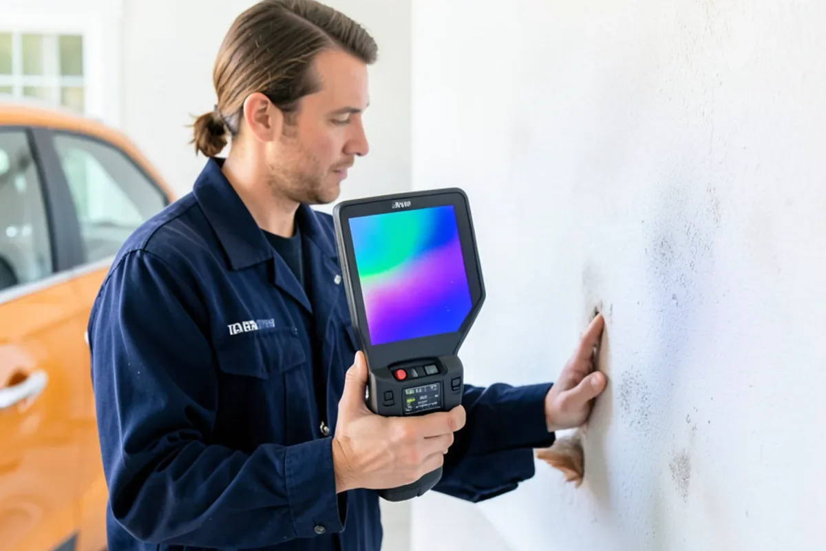 Thermal imaging camera detecting hidden moisture behind drywall