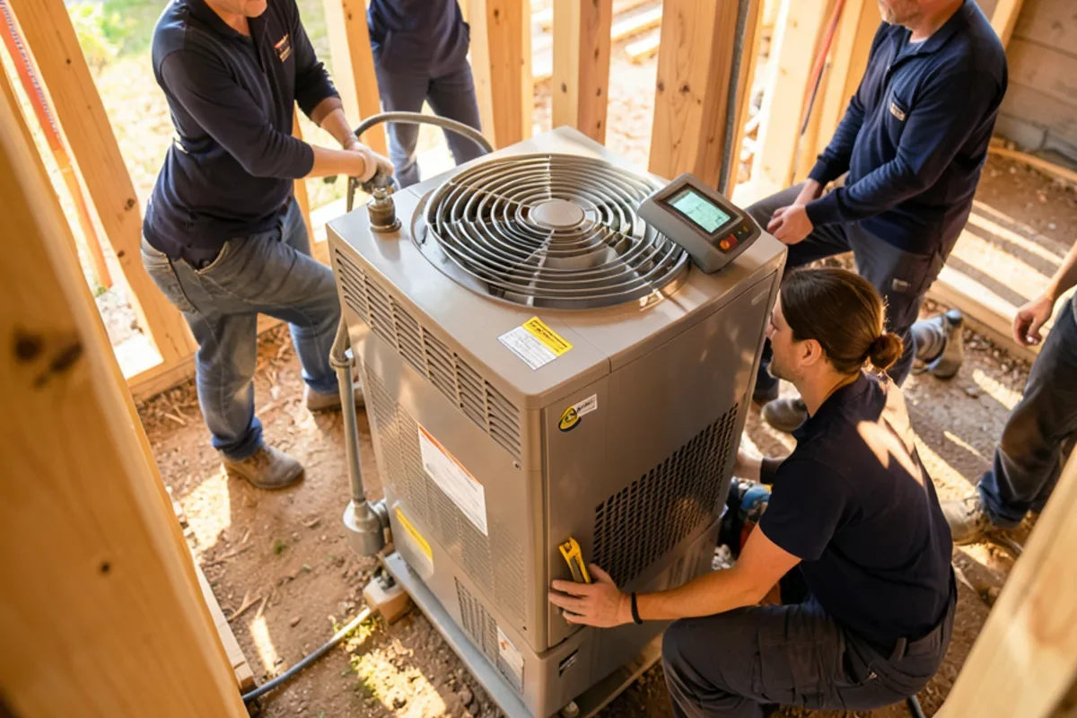 Industrial LGR dehumidifier in operation next to wood framing