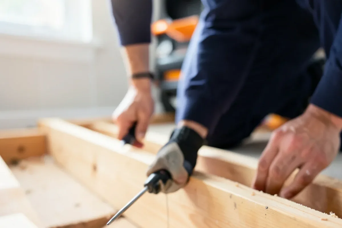 Digital moisture meter testing wood moisture equivalent in floor joists