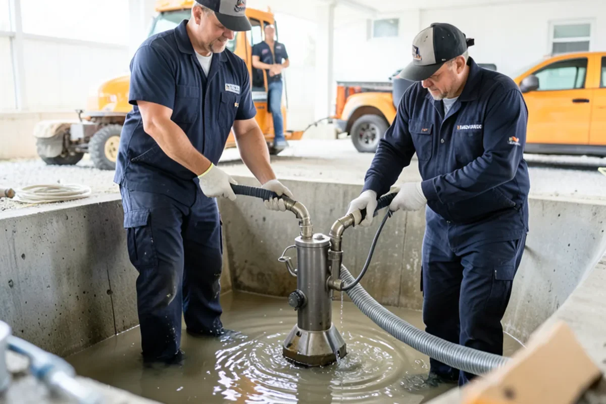 Submersible pump clearing pooled water in flooded basement
